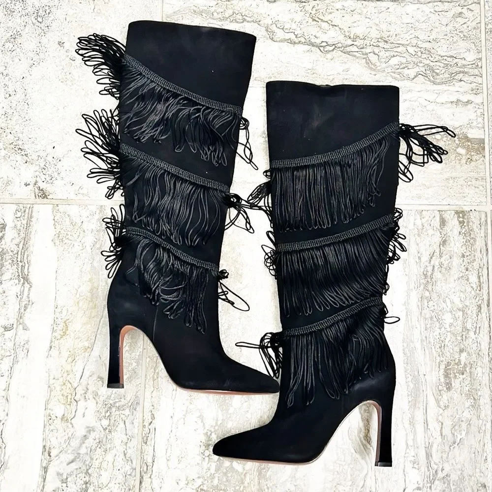 BCBGMaxazria Suede Fringe Heeled Boots, Black, New, Size 7.5